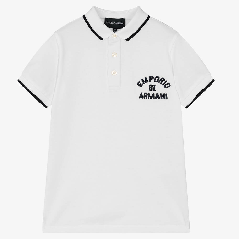 Emporio Armani - Boys White Cotton Logo Polo Shirt | Childrensalon