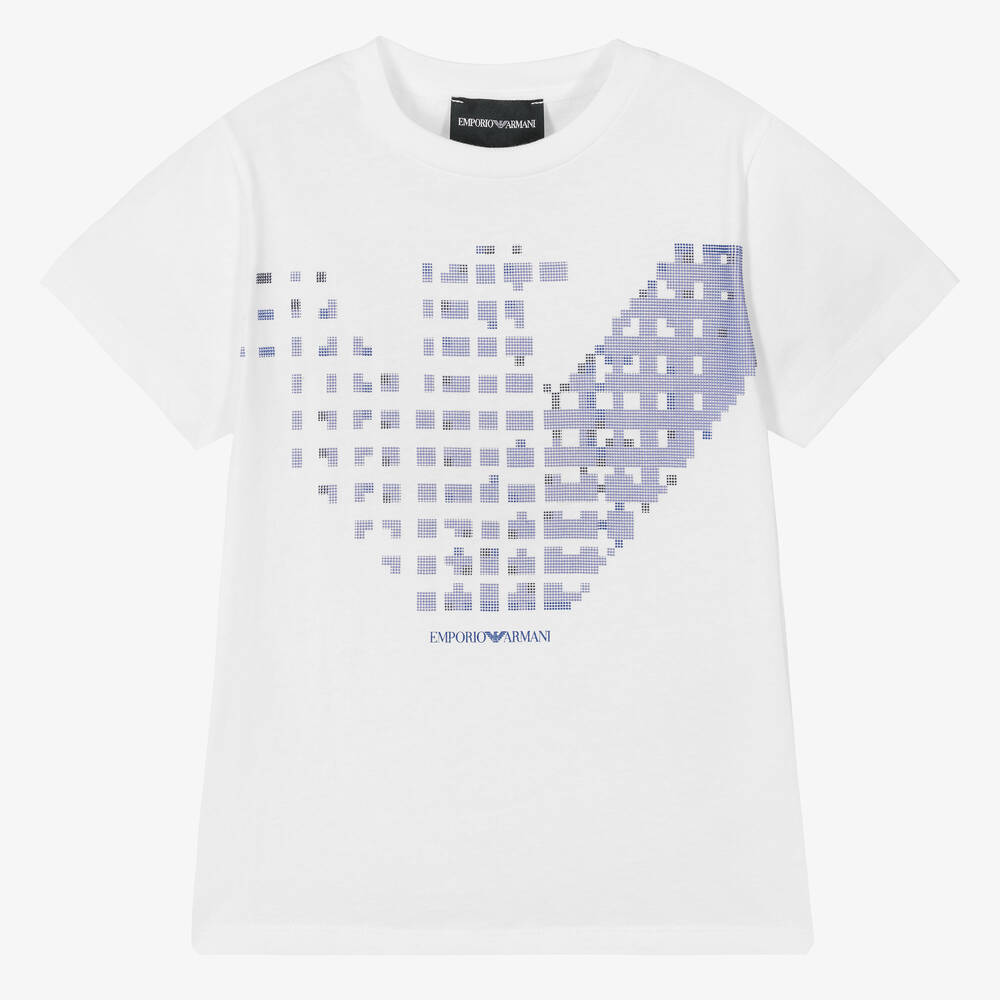 Emporio Armani - Boys White Cotton Pixel Eagle T-Shirt | Childrensalon