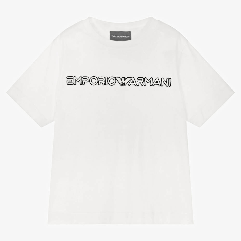 Emporio Armani - Boys White Embroidered Logo T-Shirt | Childrensalon