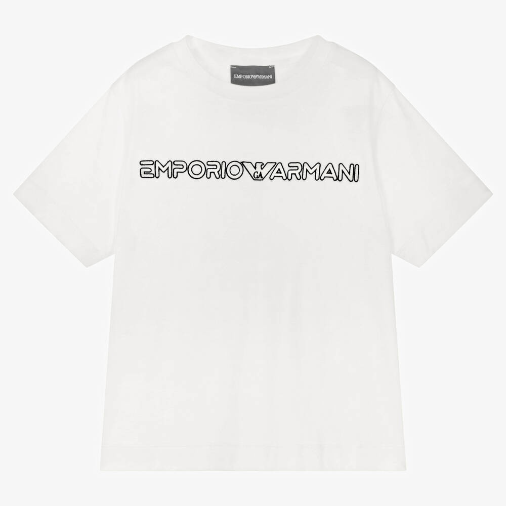 Emporio Armani-تيشيرت قطن وليوسيل جيرسي لون أبيض للأولاد | Childrensalon Outlet