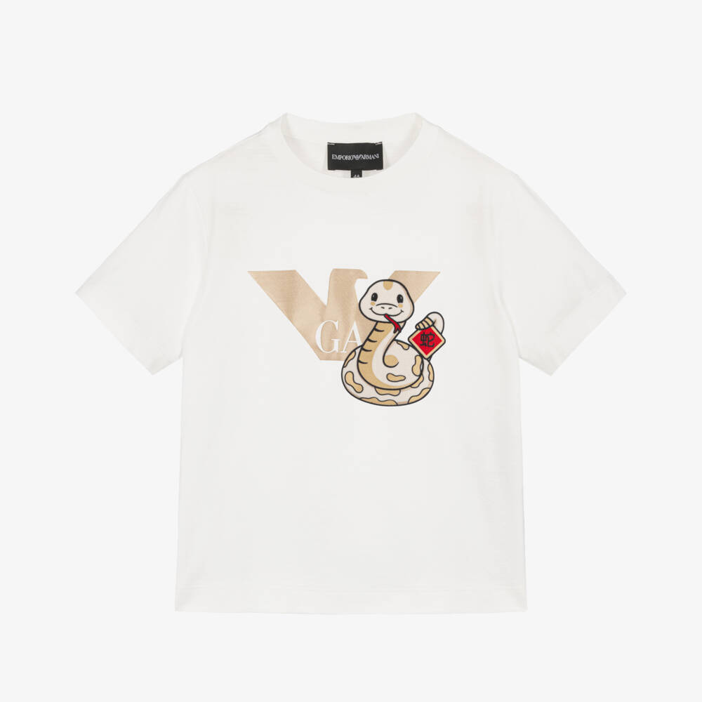 Emporio Armani-Футболка белая с золотой змеей для мальчиков | Childrensalon Outlet