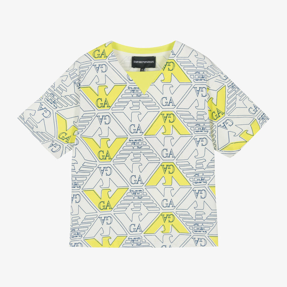 Emporio Armani-Boys White Graphic Cotton T-Shirt | Childrensalon Outlet