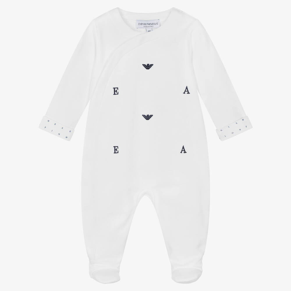 Emporio Armani - Boys White Logo Cotton Babygrow | Childrensalon