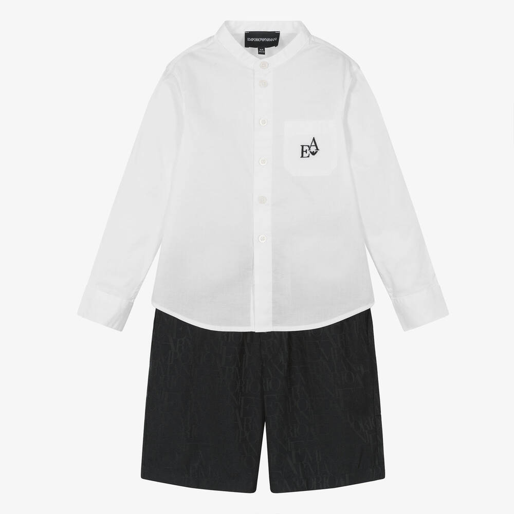 Emporio Armani-طقم شورت قطن لون أبيض وكحلي للأولاد | Childrensalon Outlet