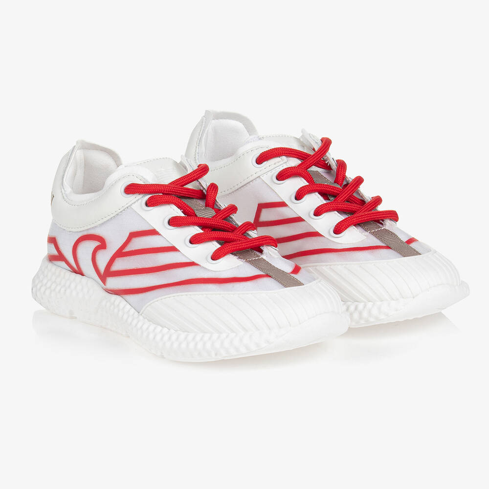 Emporio Armani - Boys White & Red Lace-Up Trainers | Childrensalon