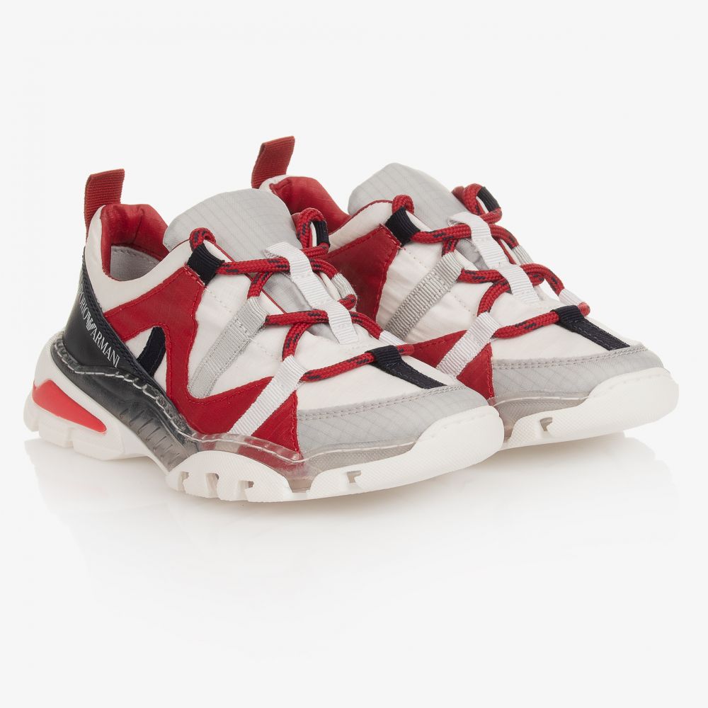 Emporio Armani Boys White Red Trainers Childrensalon Outlet
