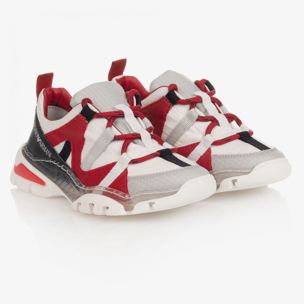 Emporio Armani - Boys White & Red Trainers | Childrensalon