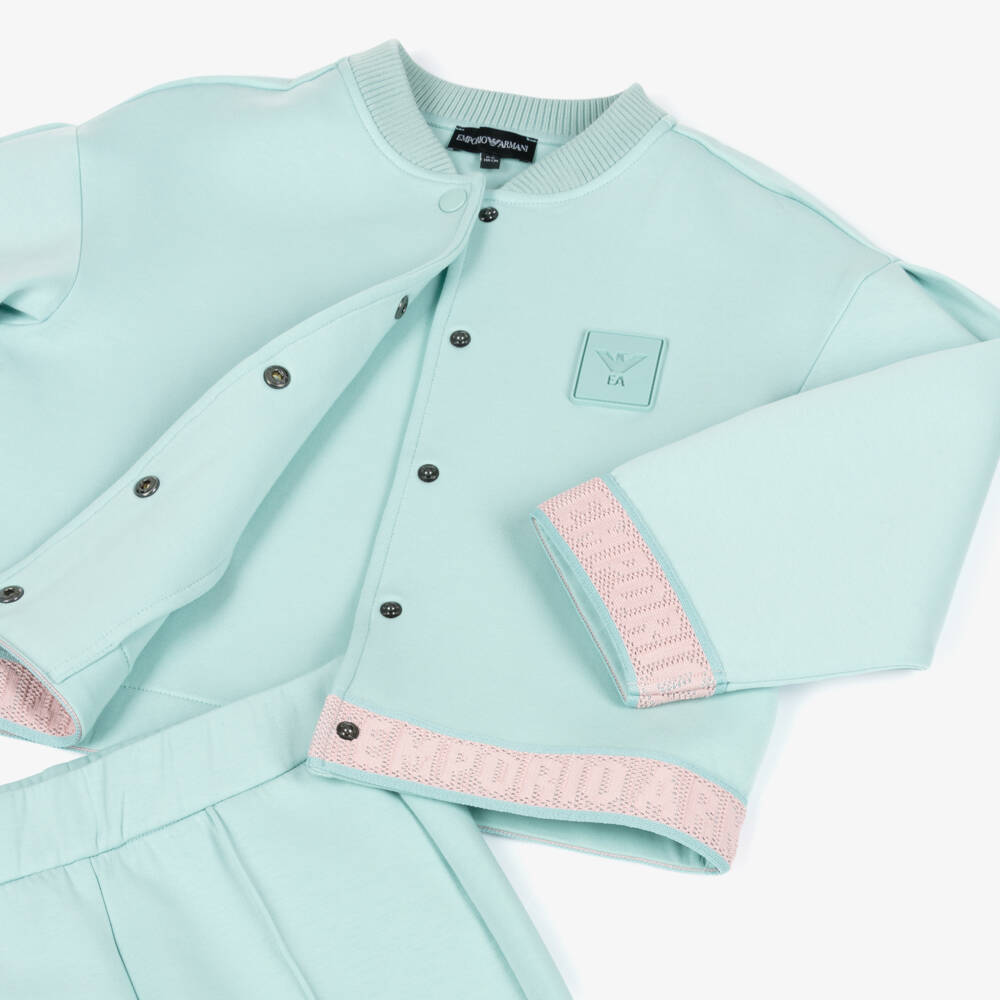 Emporio Armani-Girls Aqua Green Tracksuit with Pink Logo Trim | Childrensalon Outlet