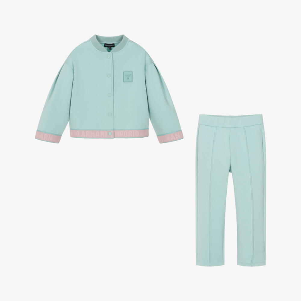 Emporio Armani-Girls Aqua Green Tracksuit with Pink Logo Trim | Childrensalon Outlet
