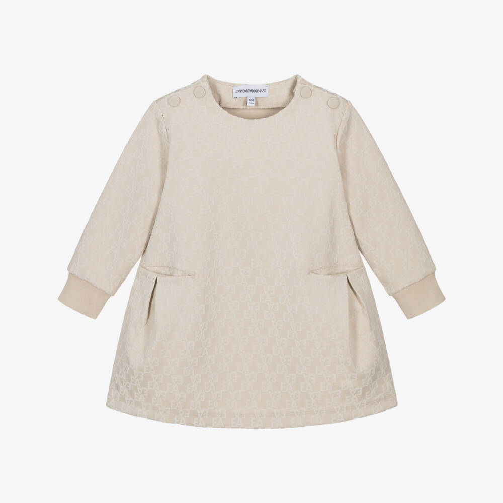 Emporio Armani-Girls Beige Jersey EA Logo Dress | Childrensalon Outlet
