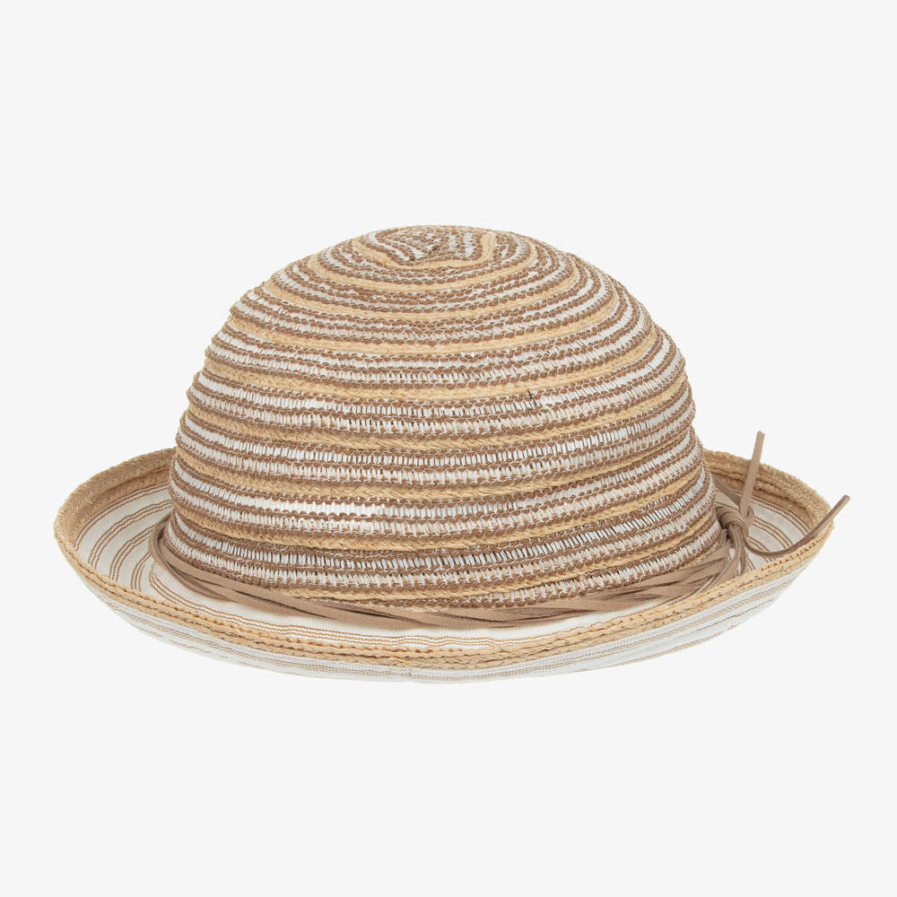 Emporio Armani-Girls Beige Striped Straw & Linen Hat | Childrensalon Outlet