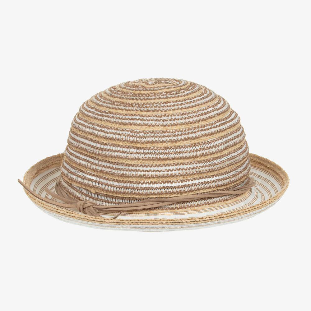 Emporio Armani-Girls Beige Striped Straw & Linen Hat | Childrensalon Outlet