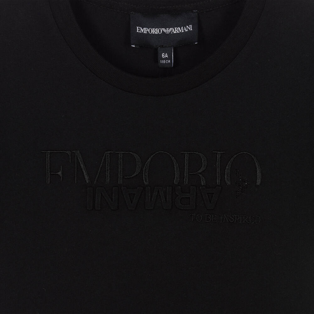 Emporio Armani-Girls Black Cotton T-Shirt | Childrensalon Outlet