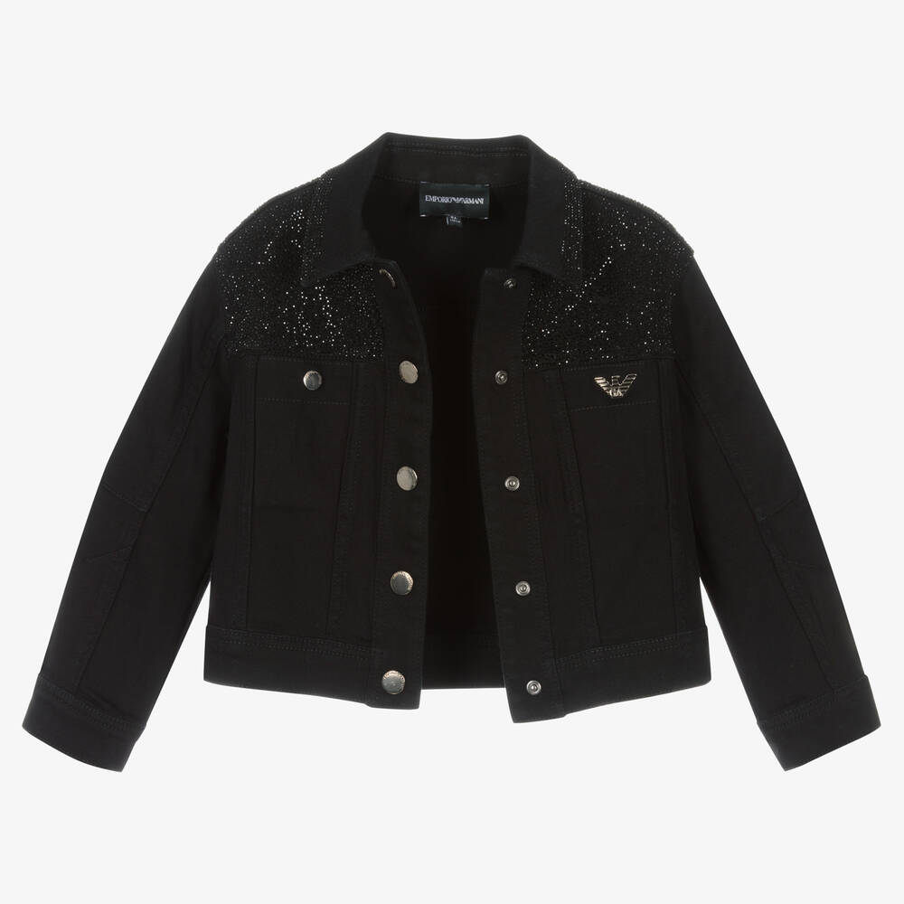 Emporio Armani-Girls Black Diamanté Denim Jacket | Childrensalon Outlet