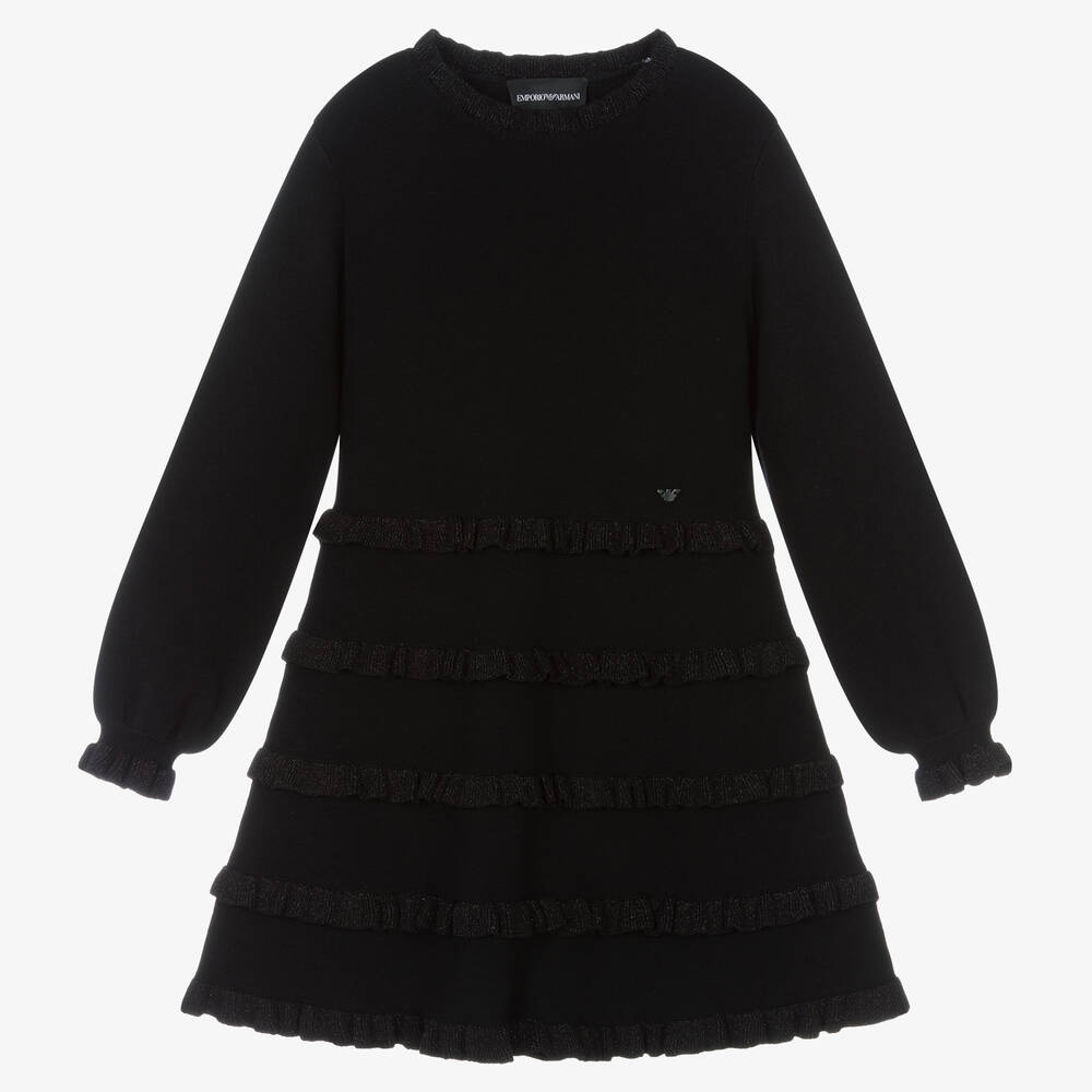 Emporio Armani - Girls Black Knitted Frill Dress | Childrensalon
