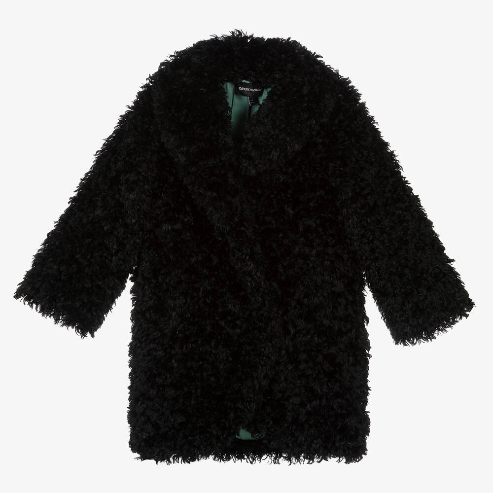 Emporio Armani - Girls Black Teddy Fleece Coat | Childrensalon