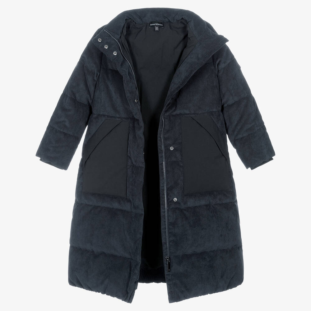 Emporio Armani-Girls Blue Corduroy Puffer Coat | Childrensalon Outlet