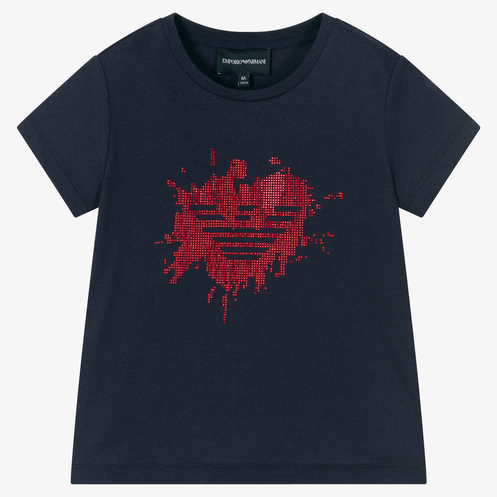 Emporio Armani - Girls Blue Cotton Eagle Logo T-Shirt | Childrensalon