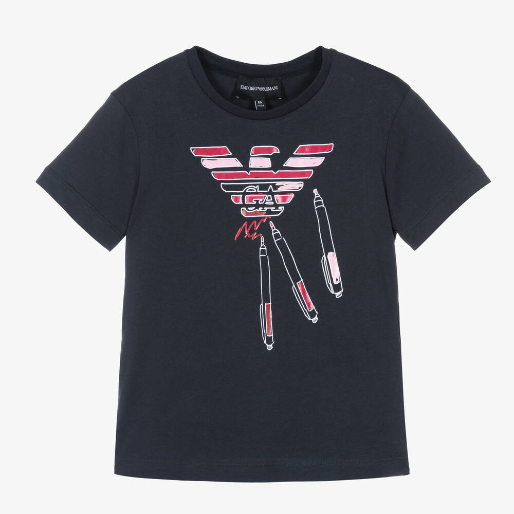 Emporio Armani - Синяя хлопковая футболка с логотипом Eagle для девочек | Childrensalon