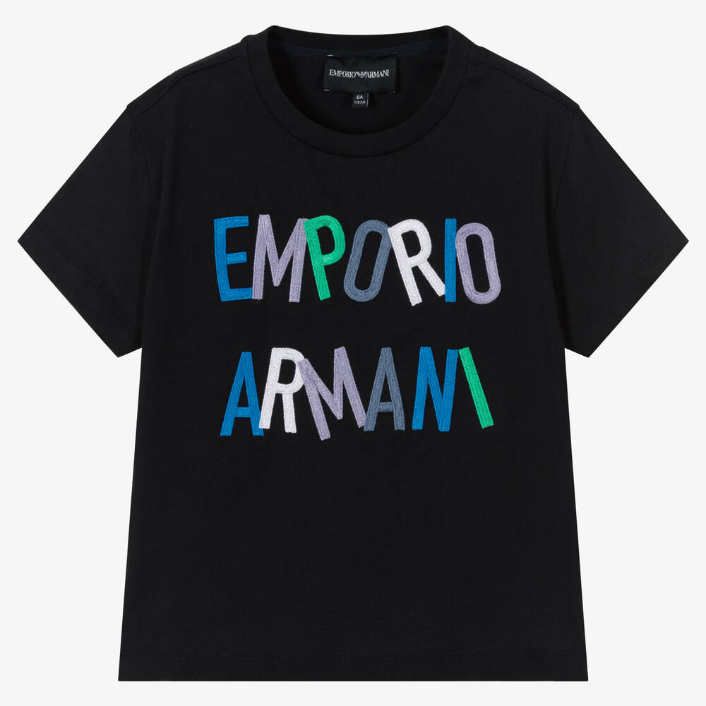 Emporio Armani - Girls Blue Cotton Embroidered Logo T-Shirt | Childrensalon