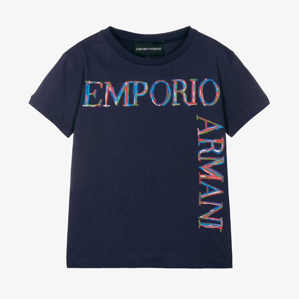 Emporio Armani - Girls Blue Cotton Logo T-Shirt | Childrensalon