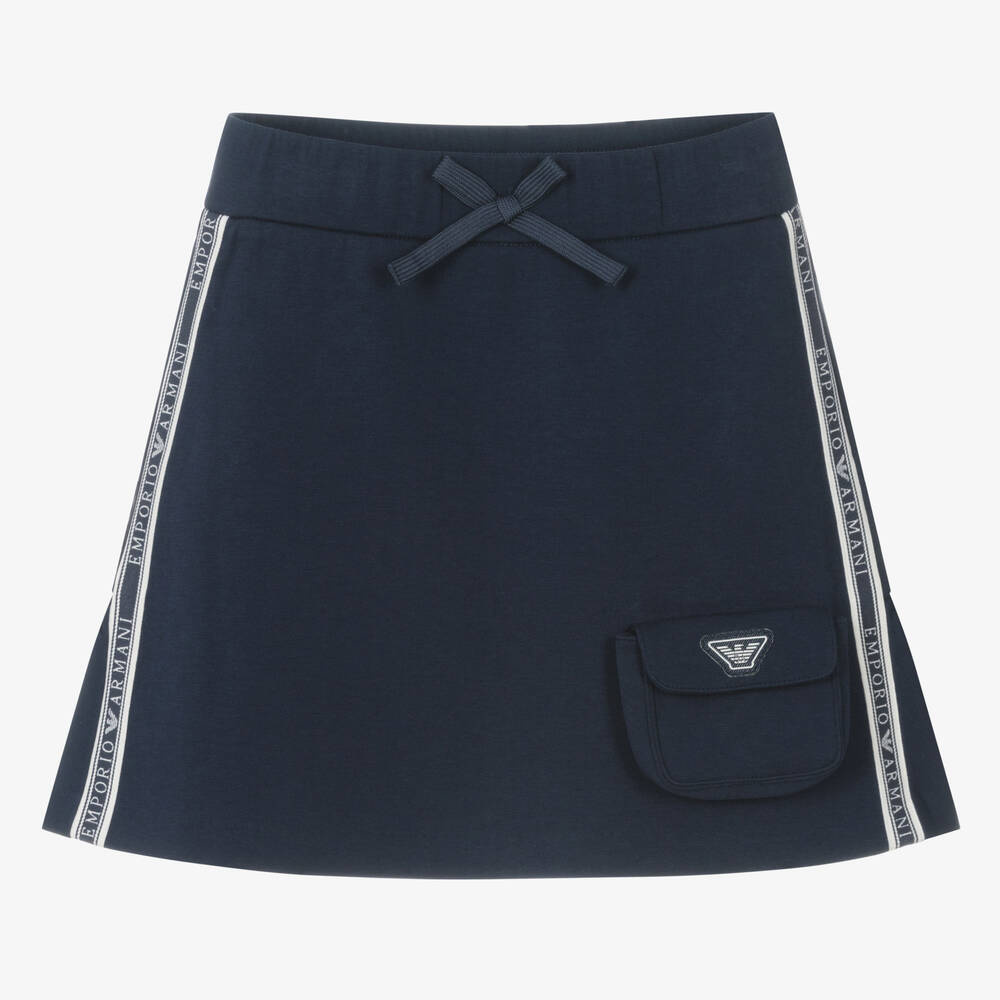 Emporio Armani-Синяя хлопковая юбка с логотипной лентой и карманом | Childrensalon Outlet