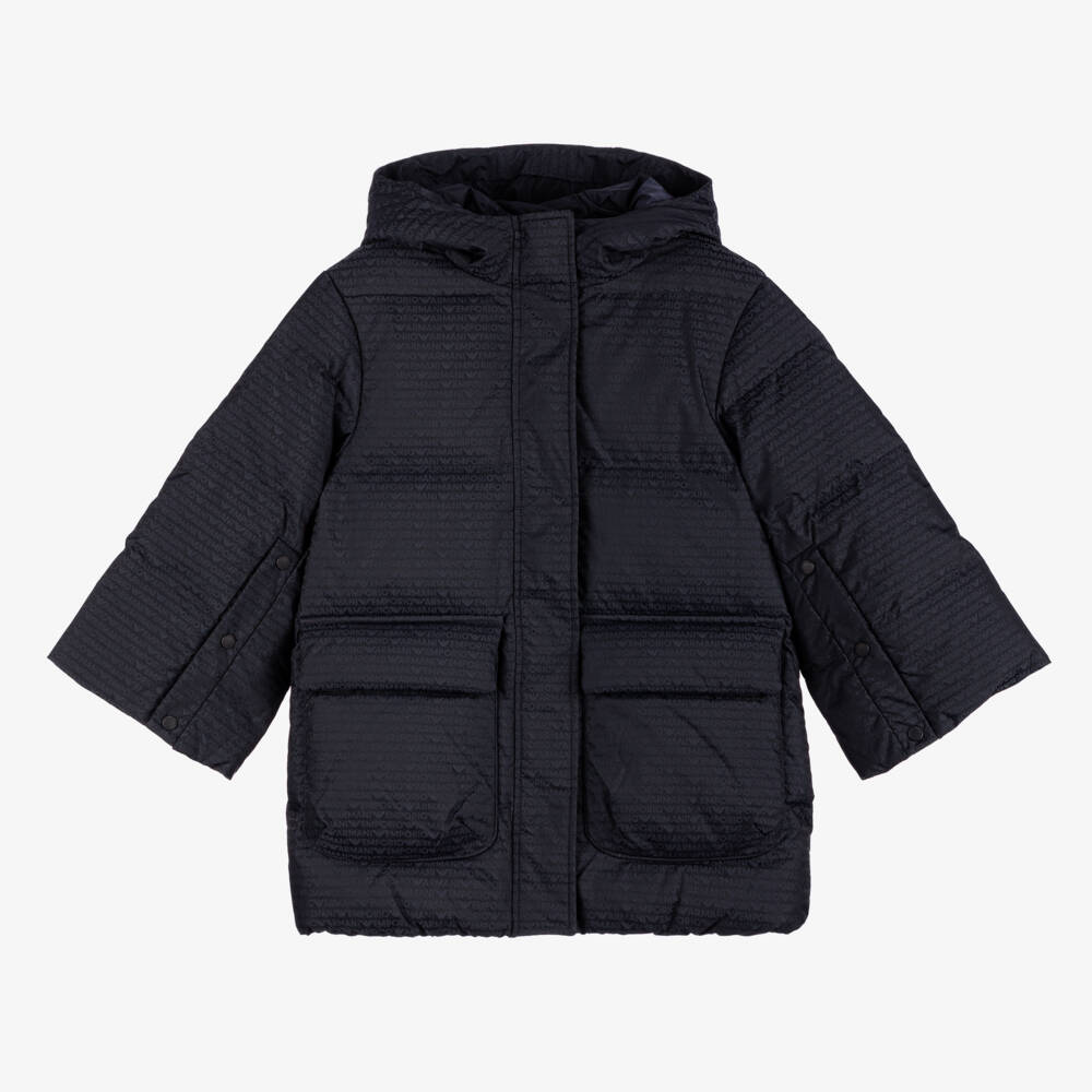 Emporio Armani-Girls Blue Hooded Down Coat | Childrensalon Outlet