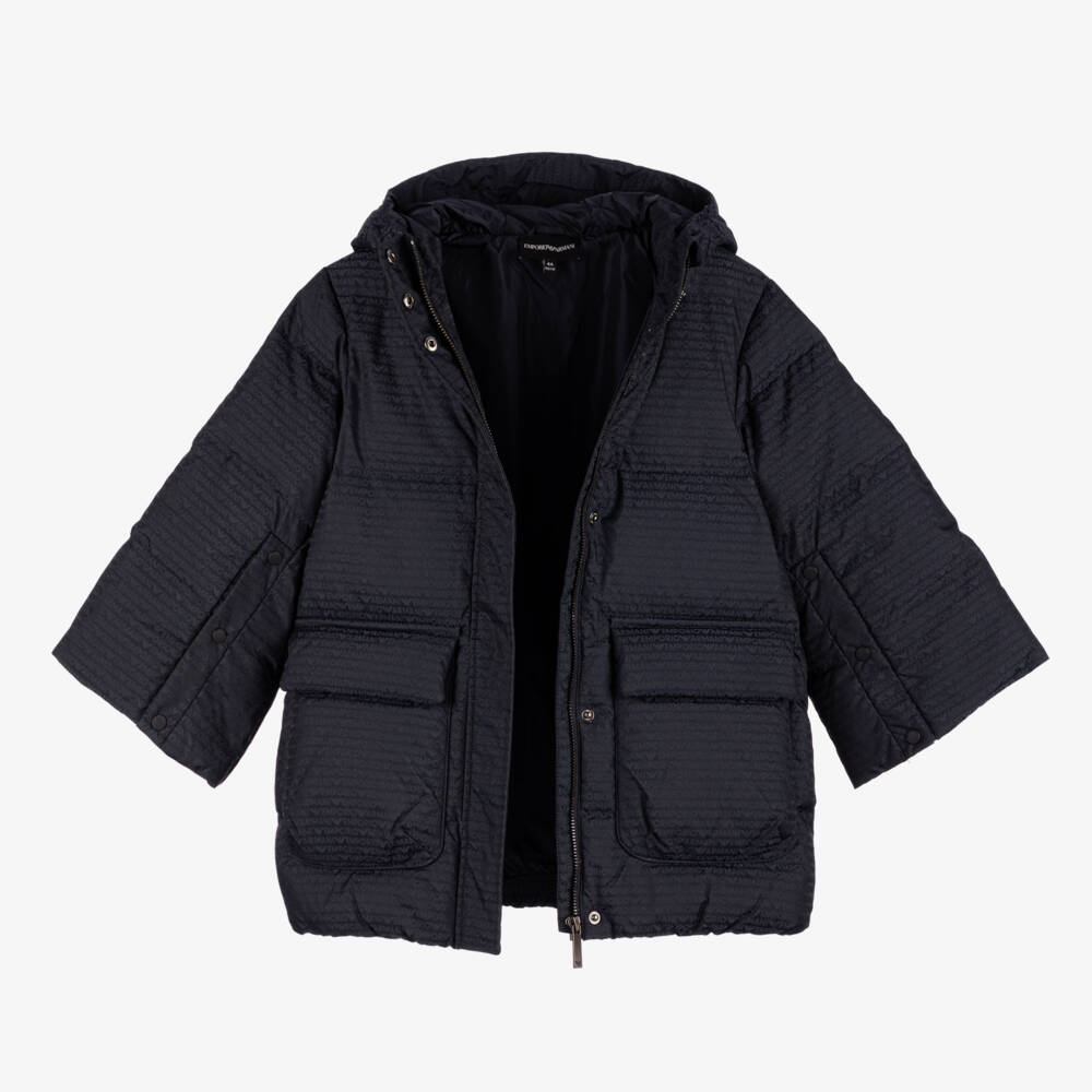 Emporio Armani-Girls Blue Hooded Down Coat | Childrensalon Outlet