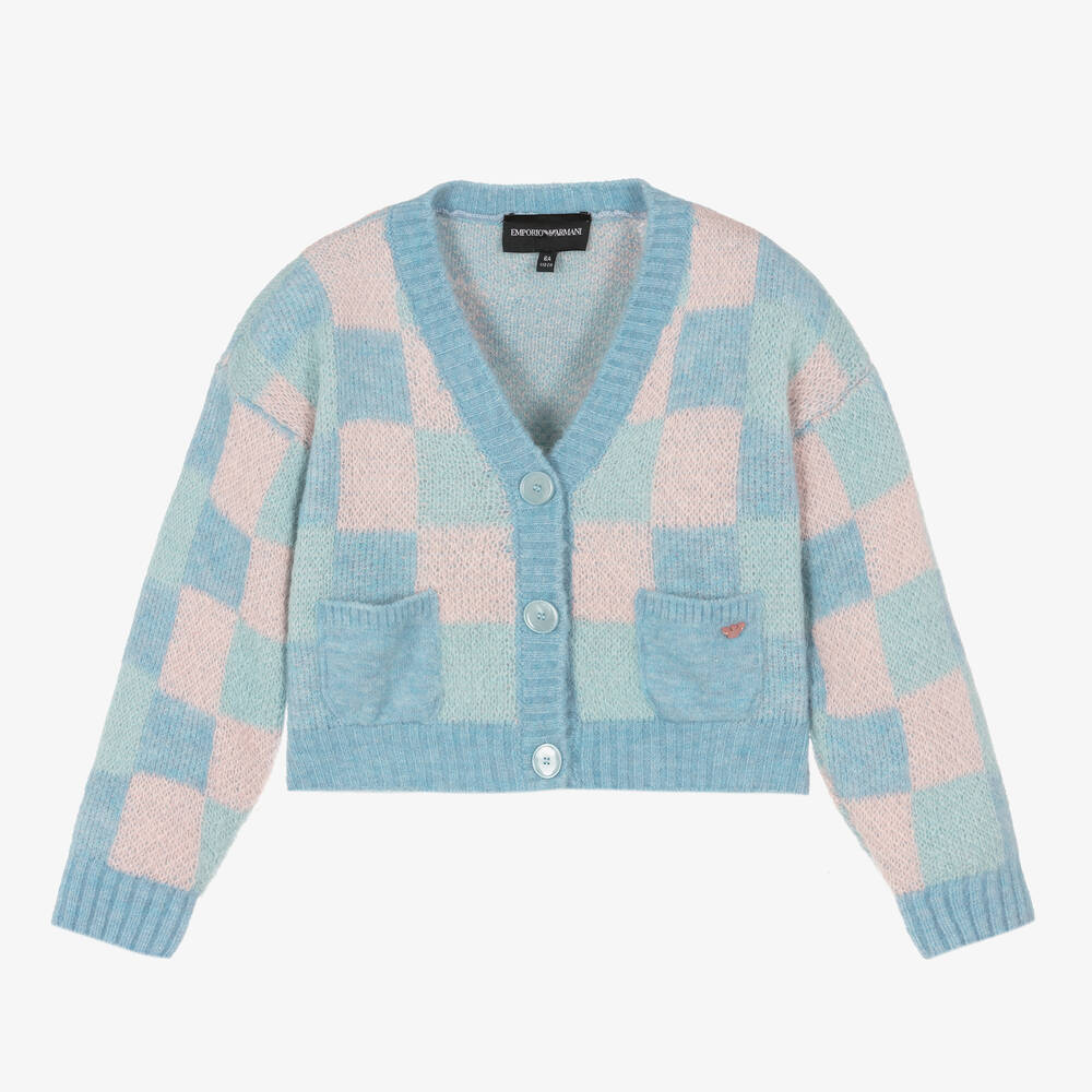 Emporio Armani - Karierte Wollstrickjacke Blau/Rosa | Childrensalon