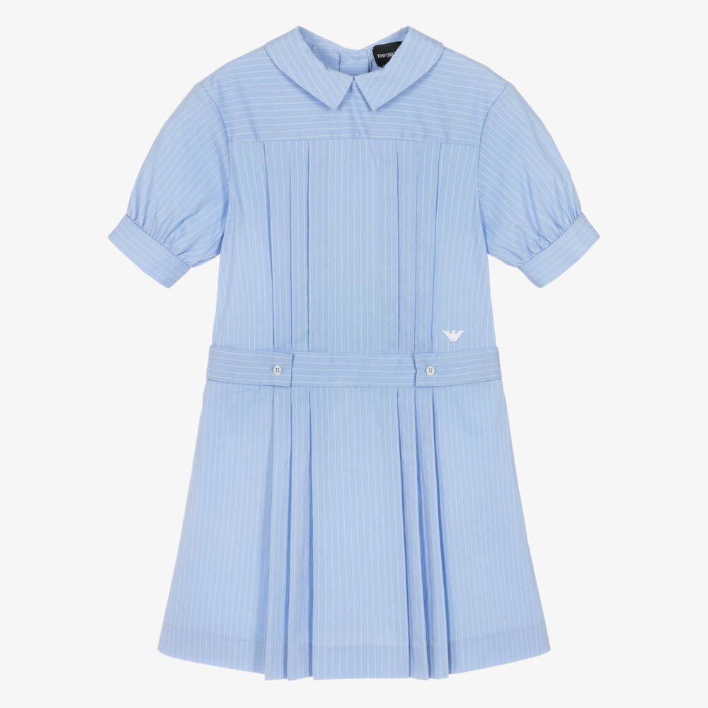 Emporio Armani-Girls Blue Pinstripe Cotton Dress with Eagle Logo | Childrensalon Outlet