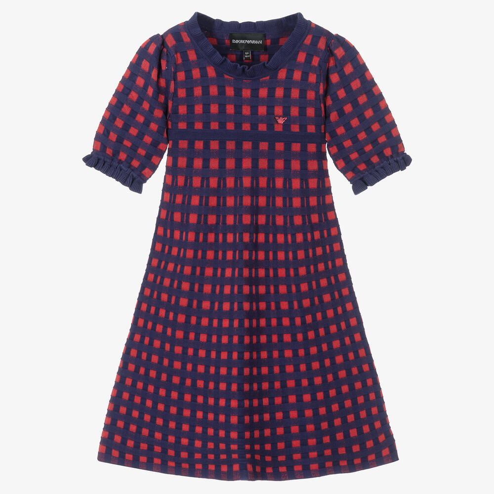 Emporio Armani - Girls Blue & Red Check Knitted Dress | Childrensalon