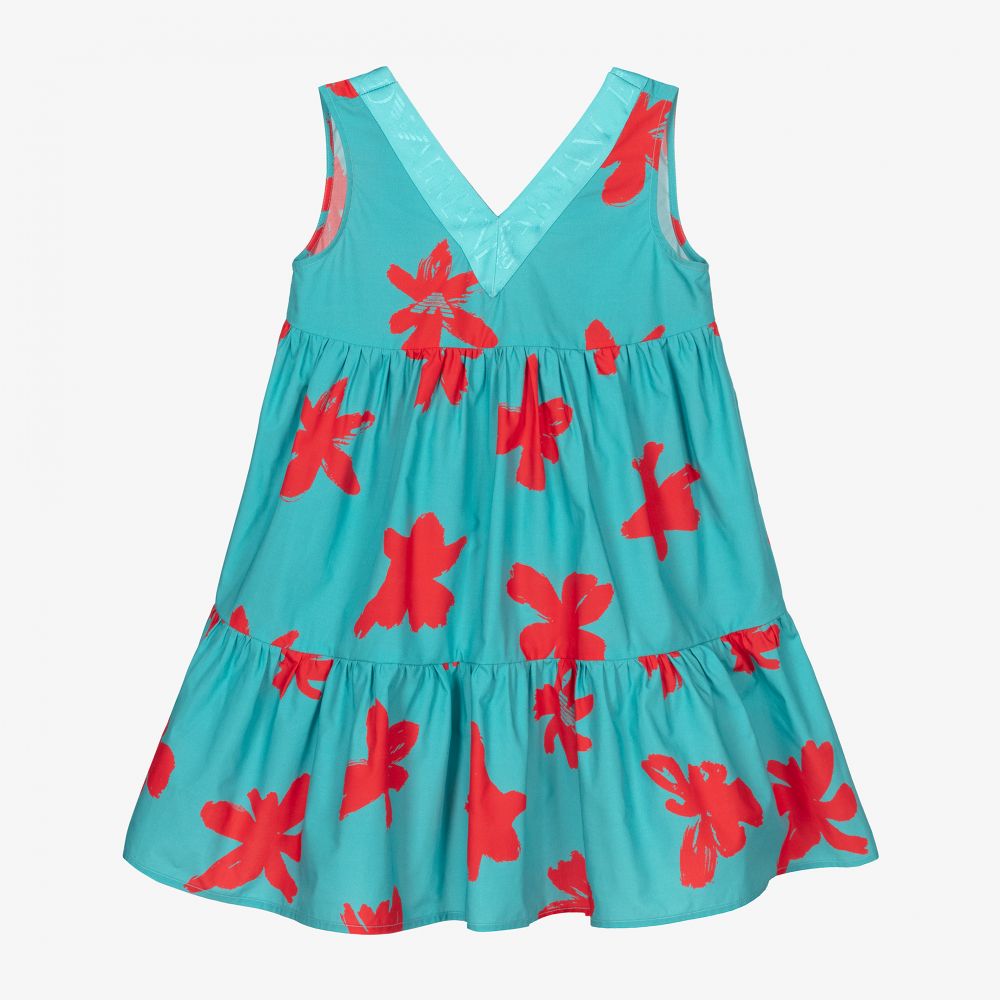Emporio Armani - فستان قطن لون أزرق وأحمر بطبعة ورود | Childrensalon