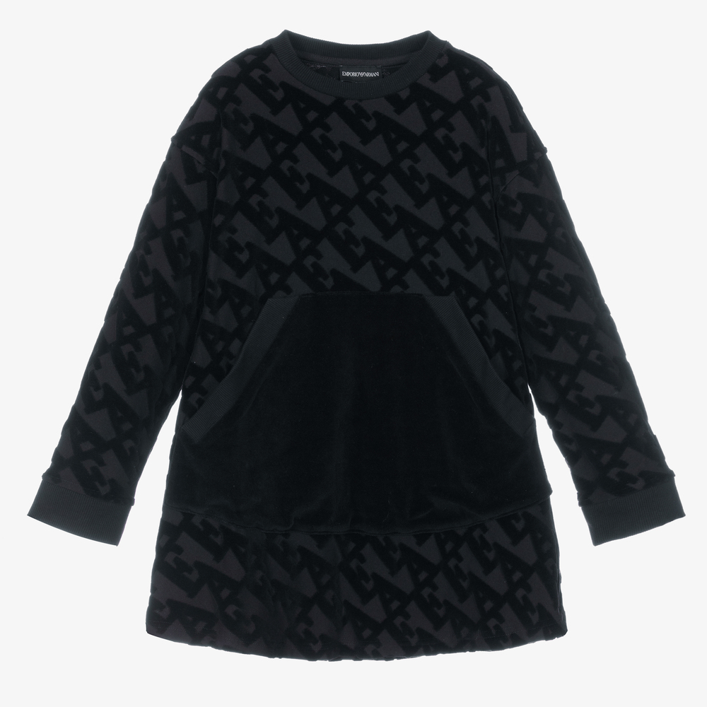 Emporio Armani-Girls Blue Velour Logo Dress | Childrensalon Outlet