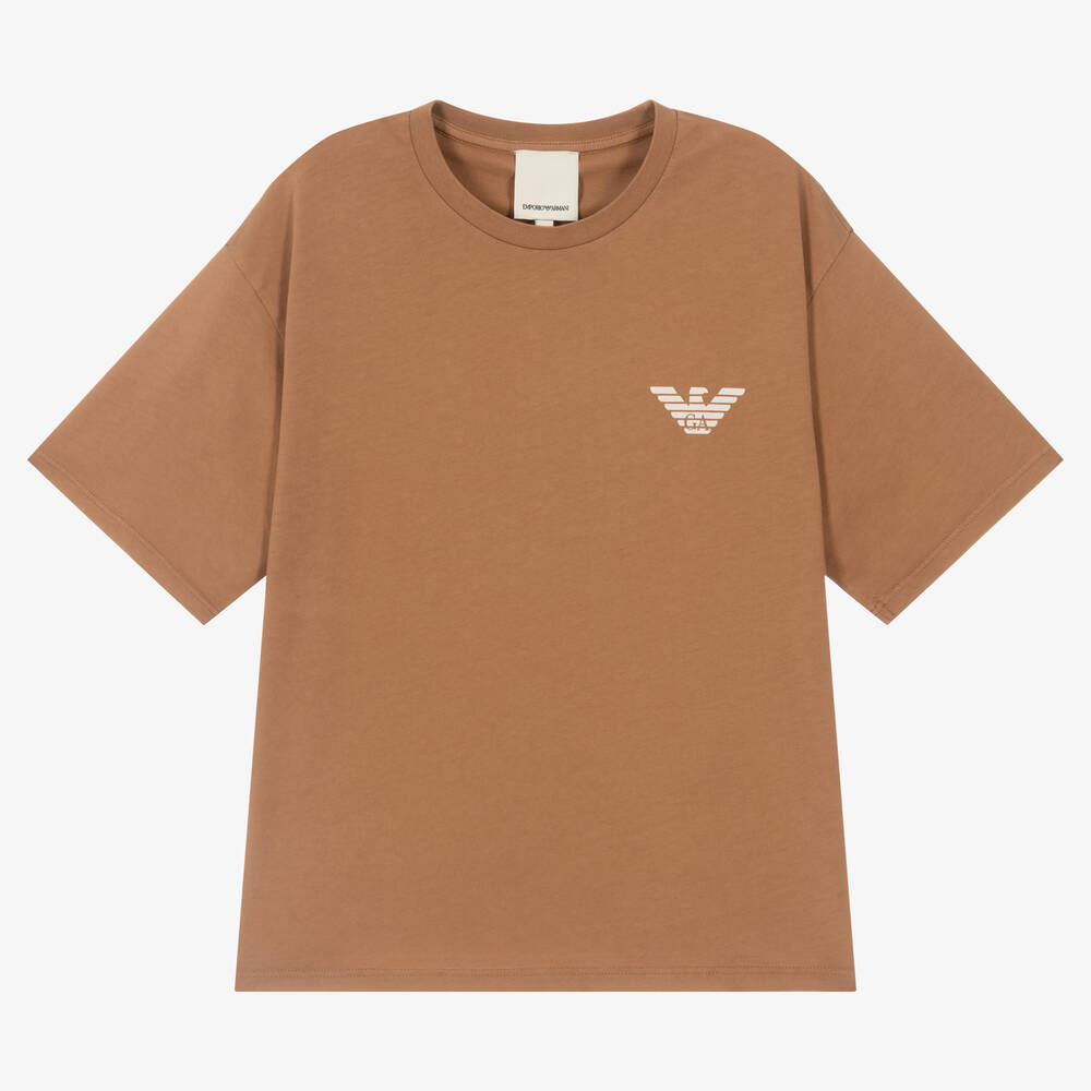 Emporio Armani - Girls Brown Cotton Logo T-Shirt | Childrensalon