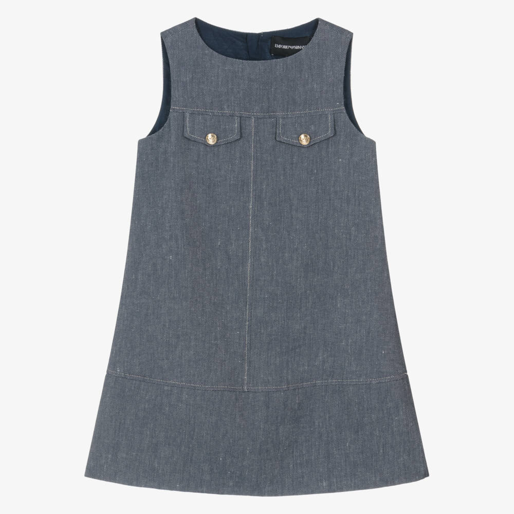 Emporio Armani-Girls Dark Blue Denim Dress with Gold Eagle Logo Button Detailing | Childrensalon Outlet