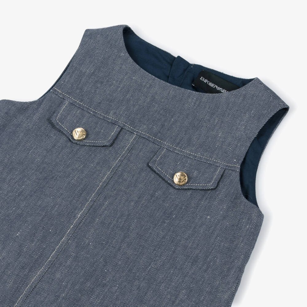 Emporio Armani-Girls Dark Blue Denim Dress with Gold Eagle Logo Button Detailing | Childrensalon Outlet