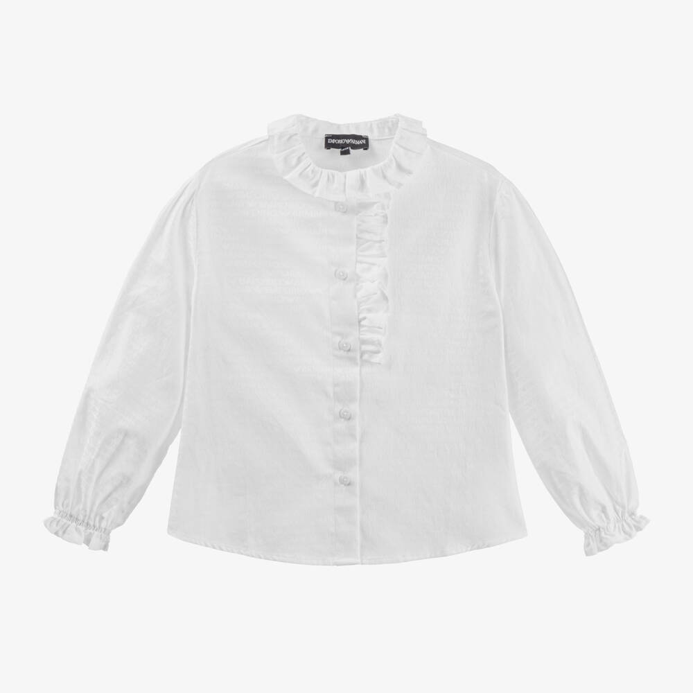 Emporio Armani-Girls Frilled White Cotton Top | Childrensalon Outlet