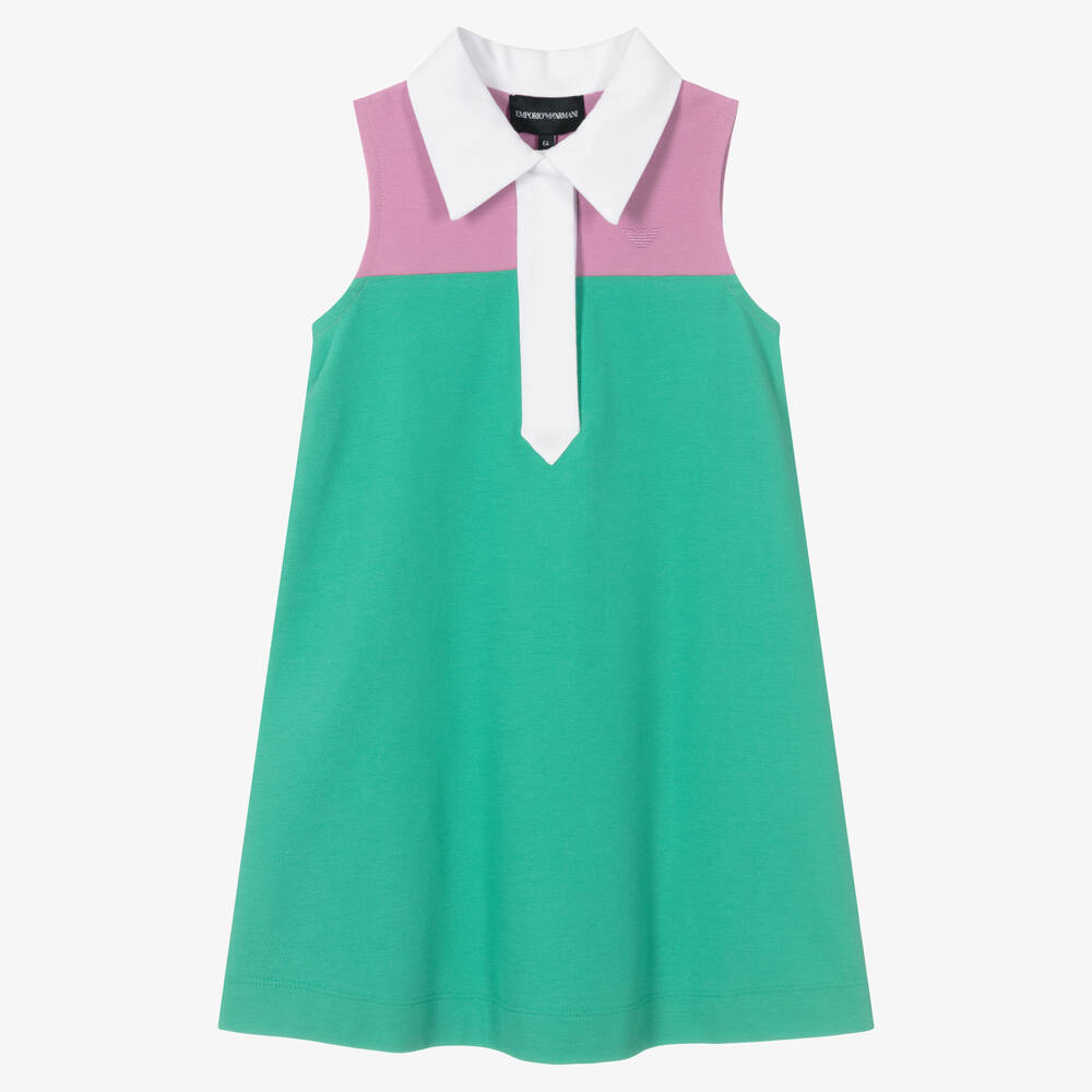 Emporio Armani - فستان قطن بيكيه لون أخضر وزهري | Childrensalon