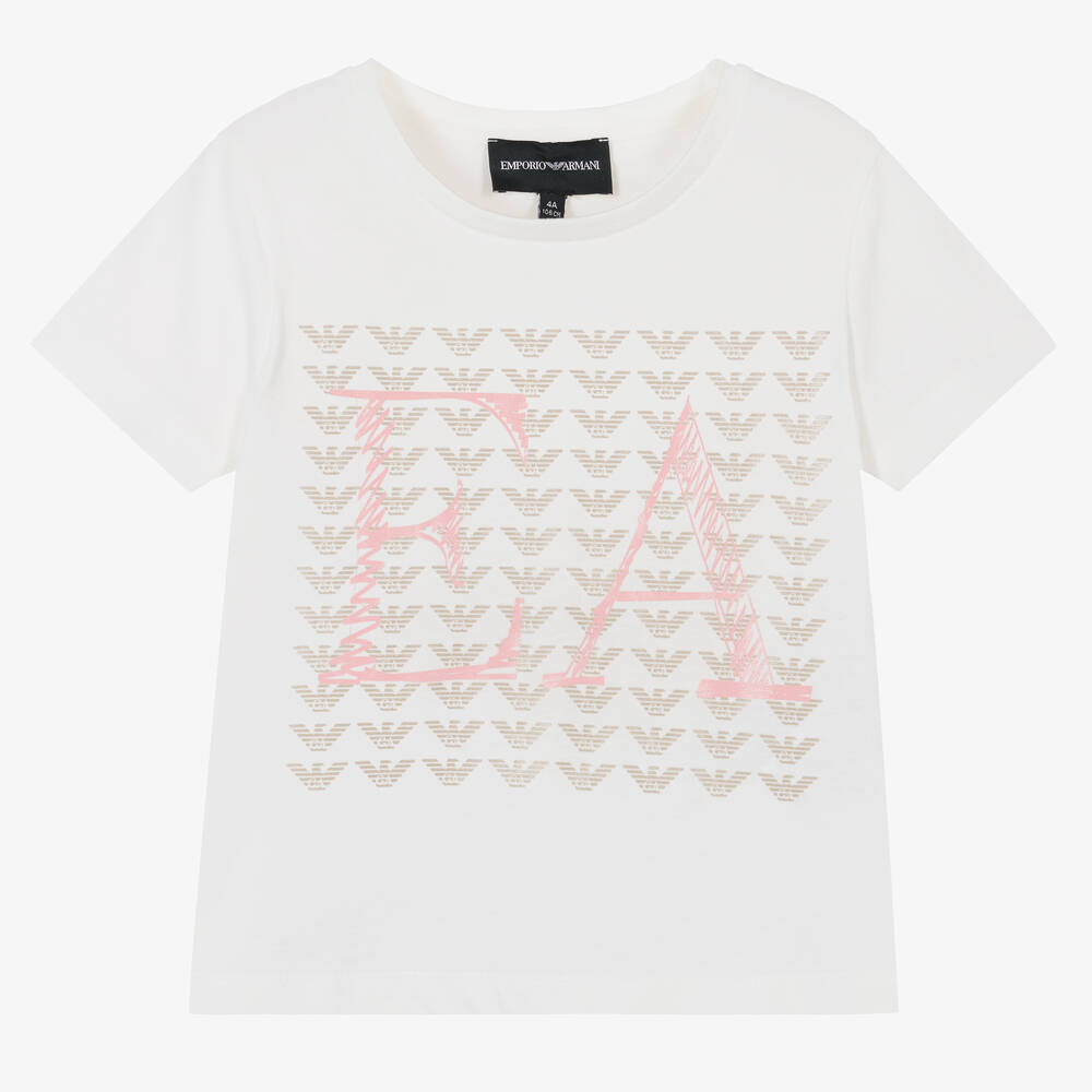 Emporio Armani - Girls Ivory Cotton EA T-Shirt | Childrensalon