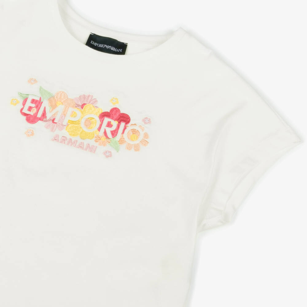 Emporio Armani-Girls Ivory Cotton Floral Tee | Childrensalon Outlet