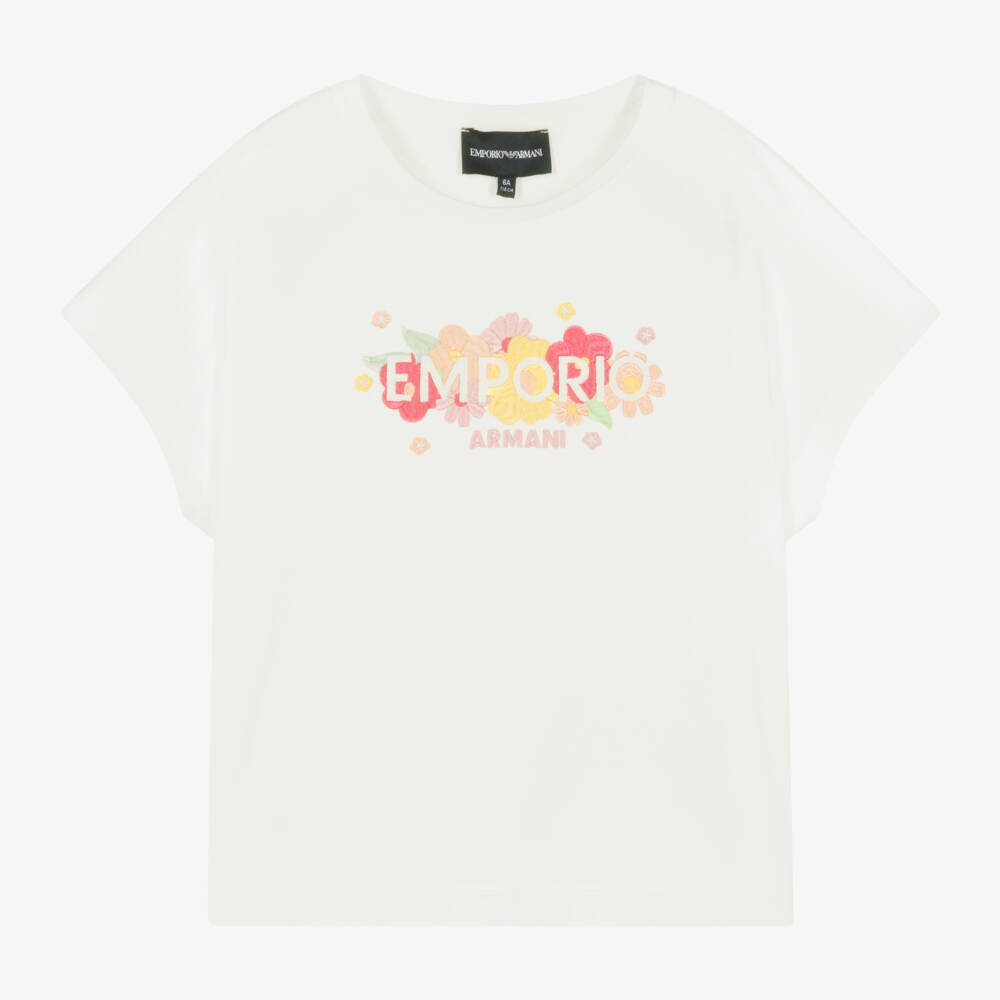 Emporio Armani-Кремовая хлопковая футболка с цветочным принтом для девочек | Childrensalon Outlet