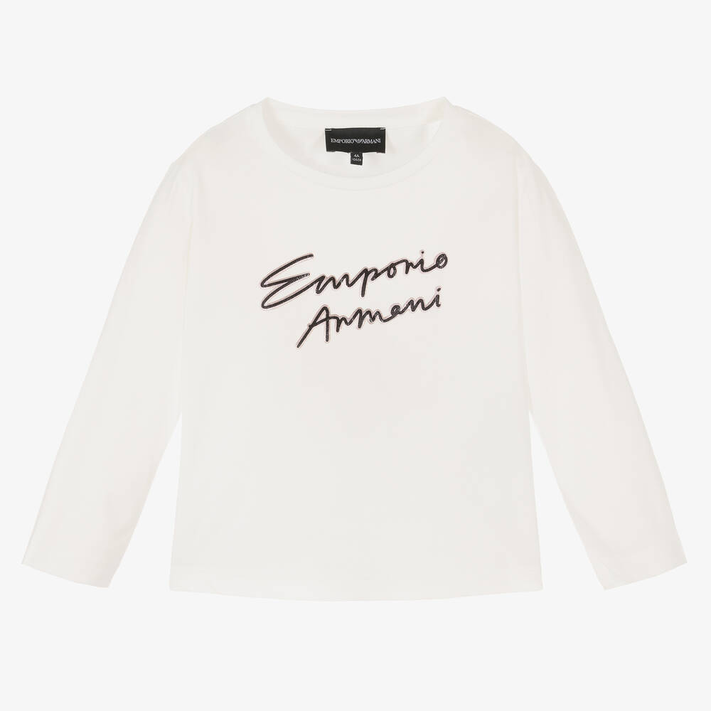 Emporio Armani - Girls Ivory Cotton Logo Top | Childrensalon