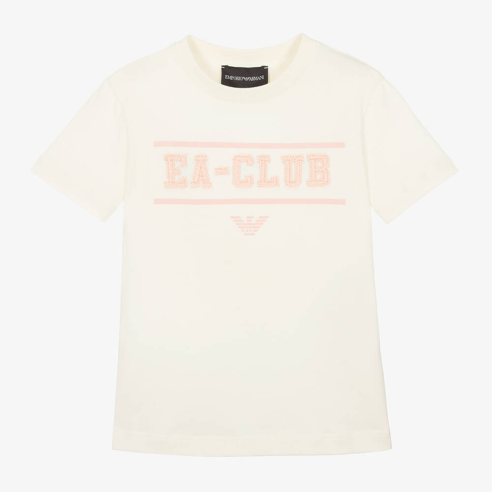 Emporio Armani-Кремовая хлопковая футболка с вышивкой для девочек | Childrensalon Outlet