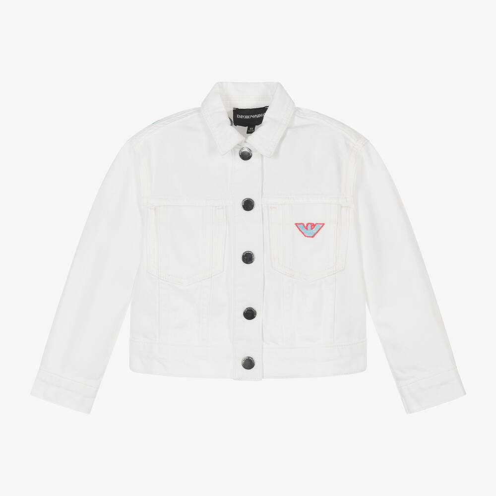 Emporio Armani-Girls Ivory Embroidered Denim Jacket | Childrensalon Outlet