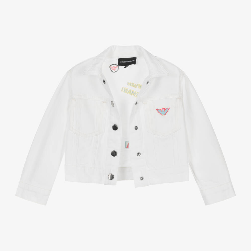 Emporio Armani-Girls Ivory Embroidered Denim Jacket | Childrensalon Outlet
