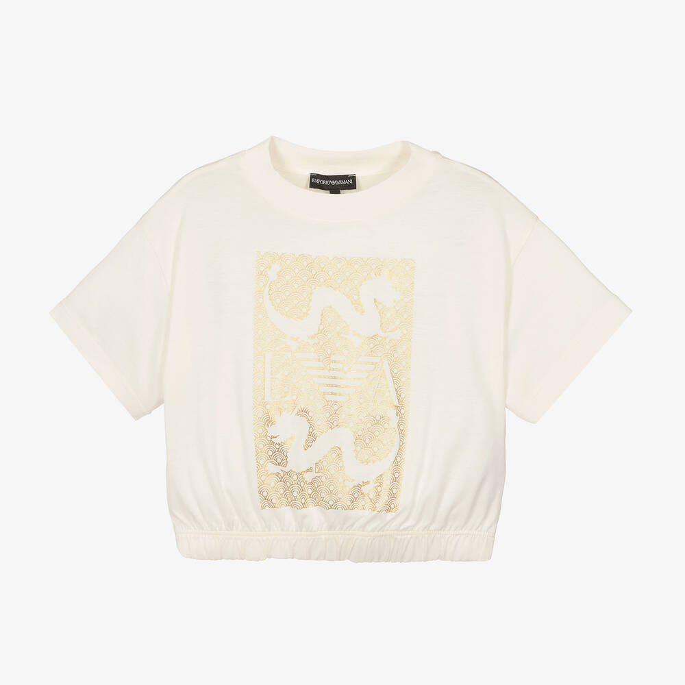 Emporio Armani-Кремово-золотистая футболка Dragon для девочек | Childrensalon Outlet