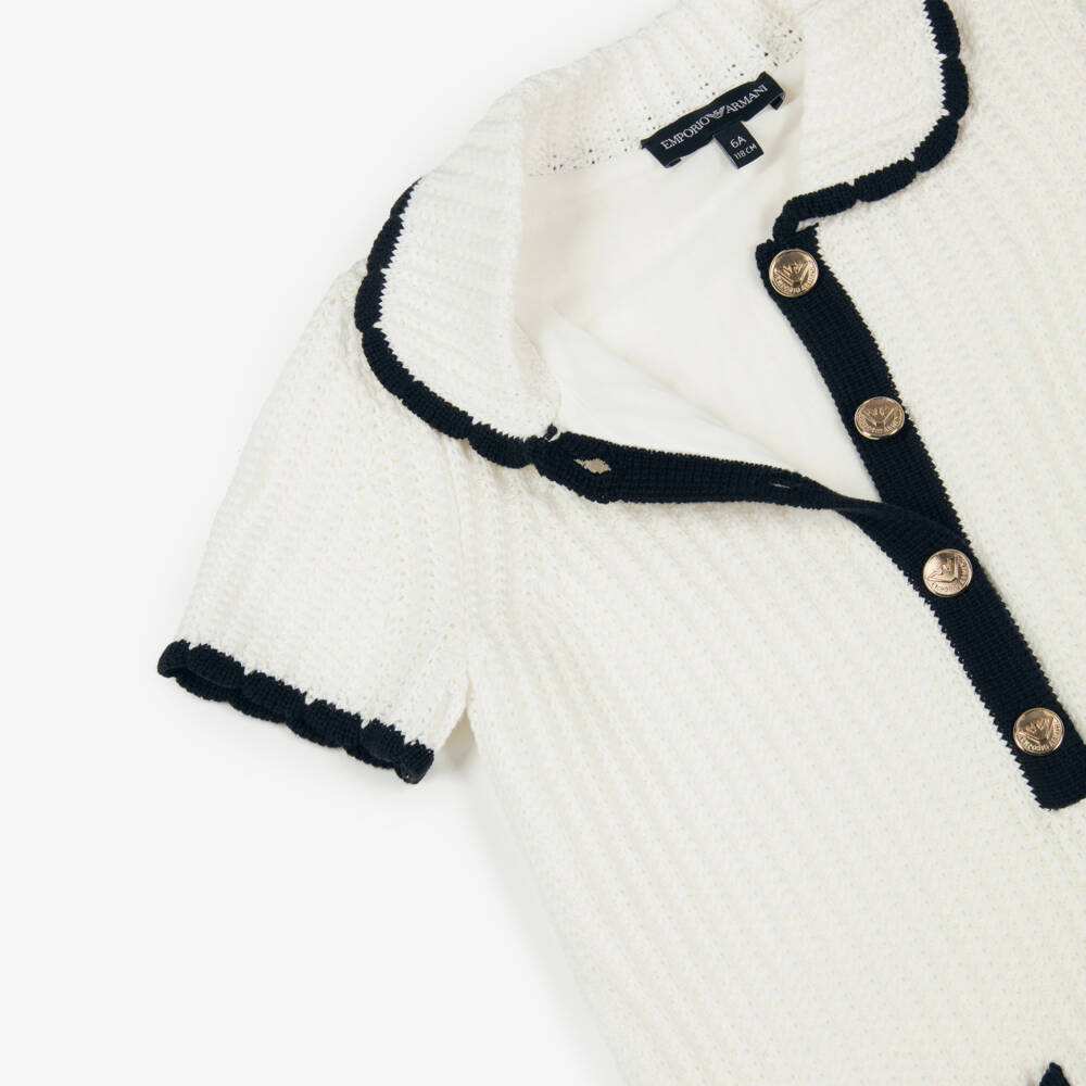 Emporio Armani-Girls Ivory Knitted Cotton Dress with Gold Buttons | Childrensalon Outlet