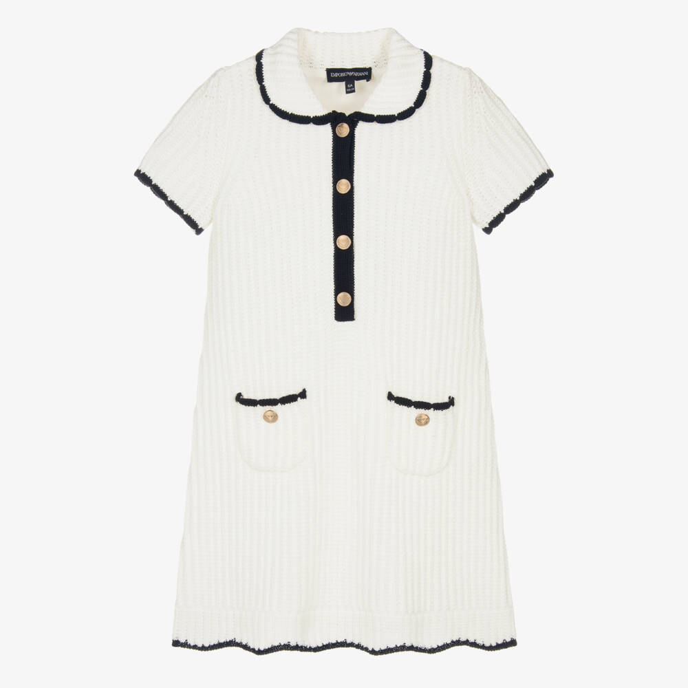 Emporio Armani-Girls Ivory Knitted Cotton Dress with Gold Buttons | Childrensalon Outlet