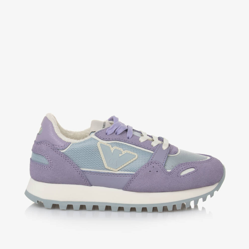 Emporio Armani-Girls Lilac Leather & Blue Mesh Trainers | Childrensalon Outlet