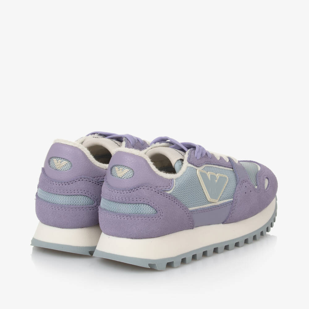 Emporio Armani-Girls Lilac Leather & Blue Mesh Trainers | Childrensalon Outlet